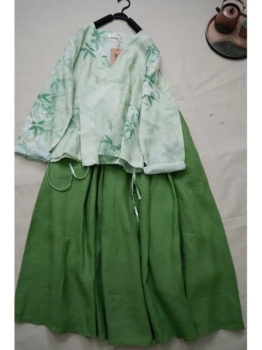 

New Chinese Style Green Shirt And Skirt Set Hanfu Han Su Traditional Song Dynasty Women's Fashion Ensemble Lightweight Long S...