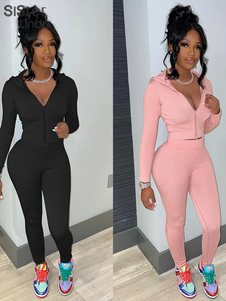 Sisterlinda Casual Sporty Tracksuit Two Piece Sets Women Full Sleeve Zip Hooded Tops+Leggings Female Matching Streetwear Outfits