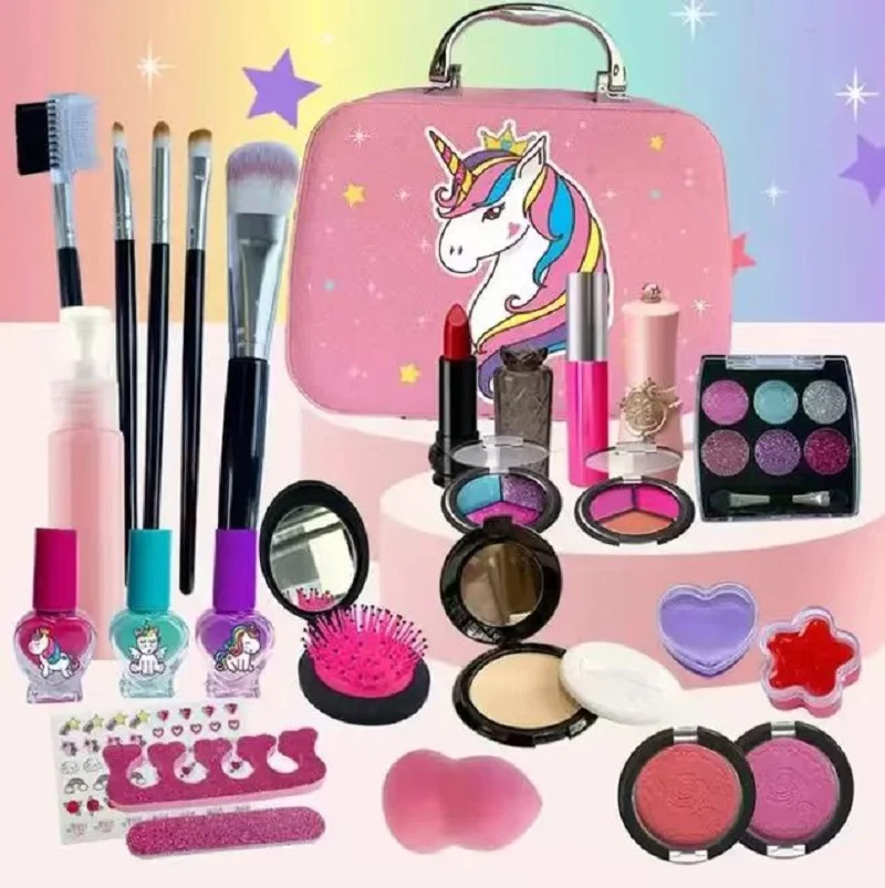 

Kid Safe Girl Makeup Kit Set Unicorn Mermaid Box Pretend Role Play Beauty Cosmetic Bag Lipstick Nail Polish Washable Gift Toy