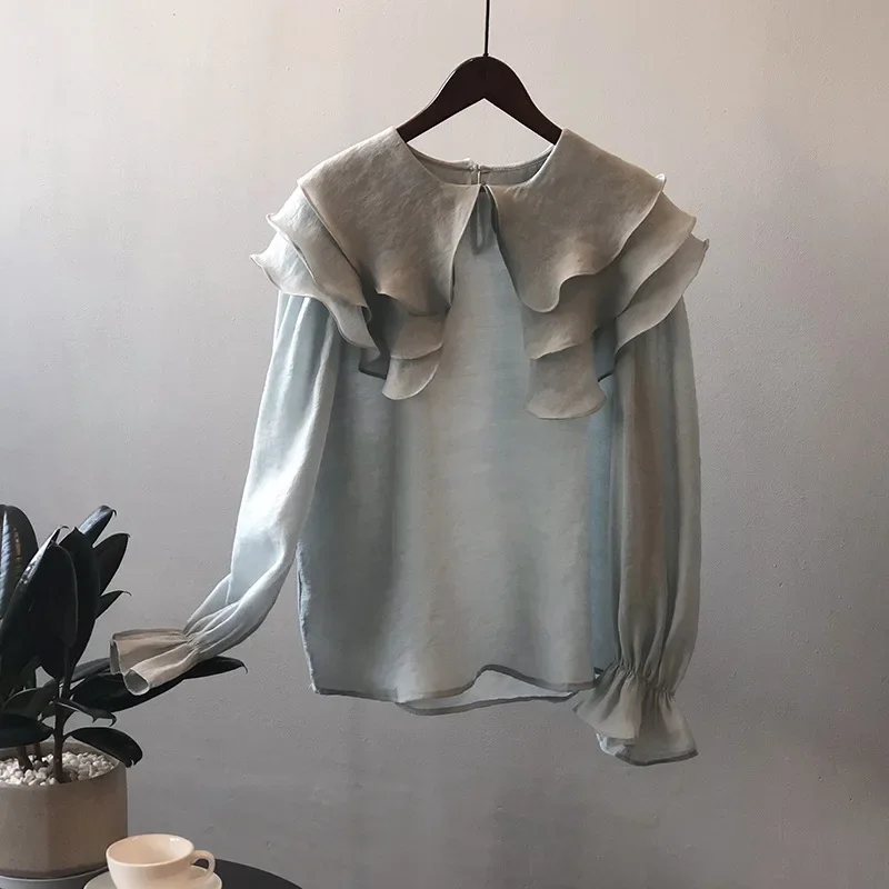 Women Clothing Shirt Spring AUTUMN Ruffled Turn-down Collar Casual Simple Solid  New Fashion Blouse for Women