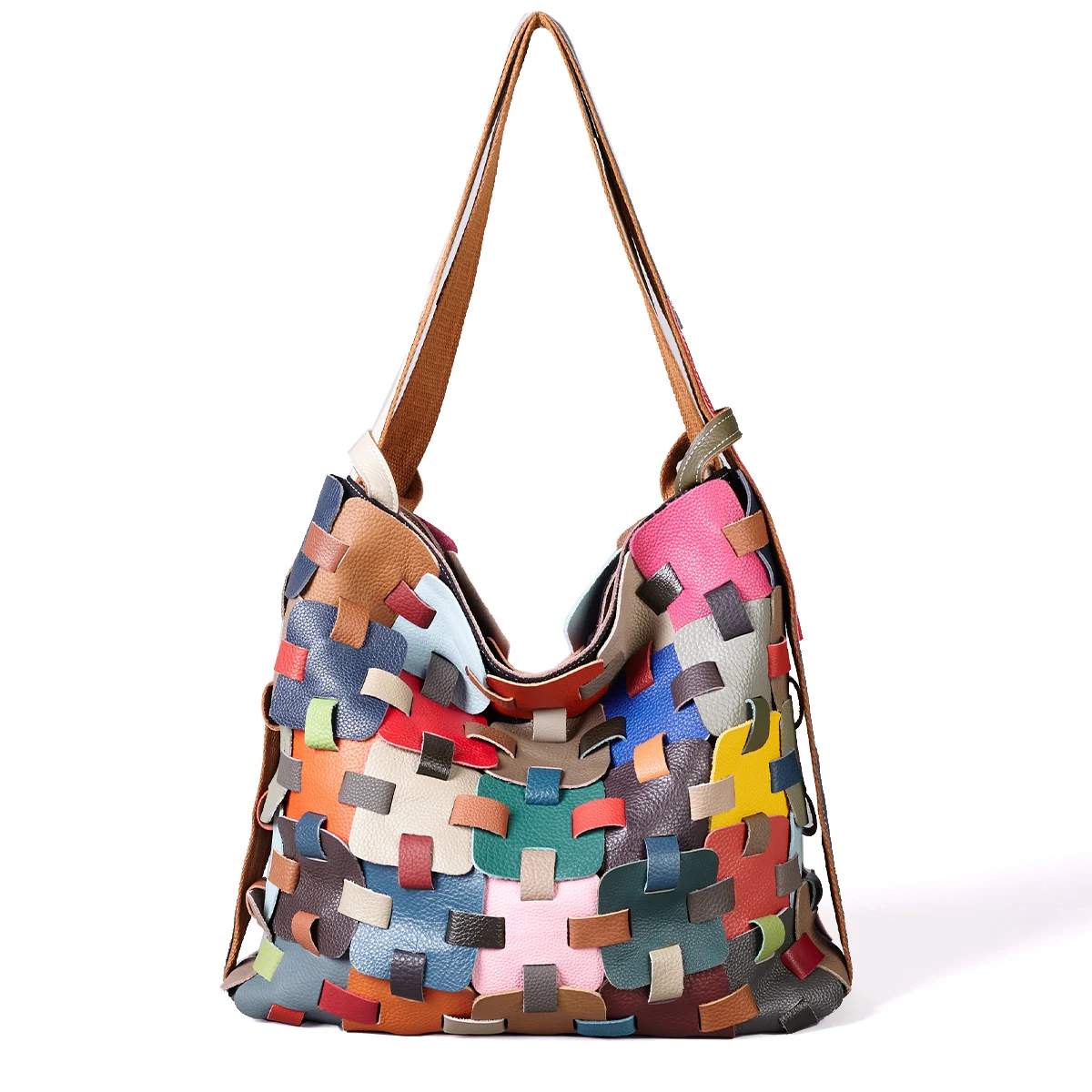 

Модная женская сумка — кожаная лоскутная сумка ручной работы с цветными блоками — трансформируемая сумка и рюкзак — повседневный покупатель в стиле бохо