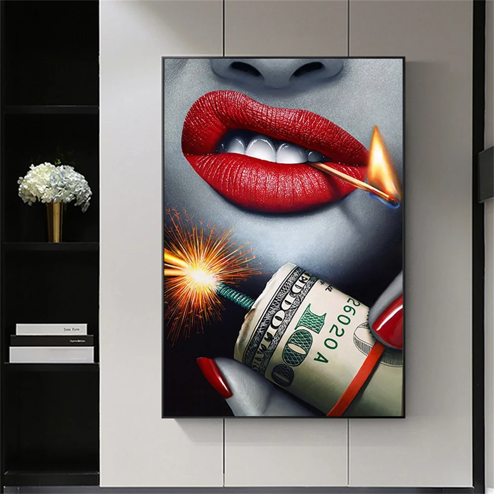 Red Sexy Lips with Money Fire Canvas Painting Abstract Portraiti Poster Print Wall Art Picture Living Room Home Decoration