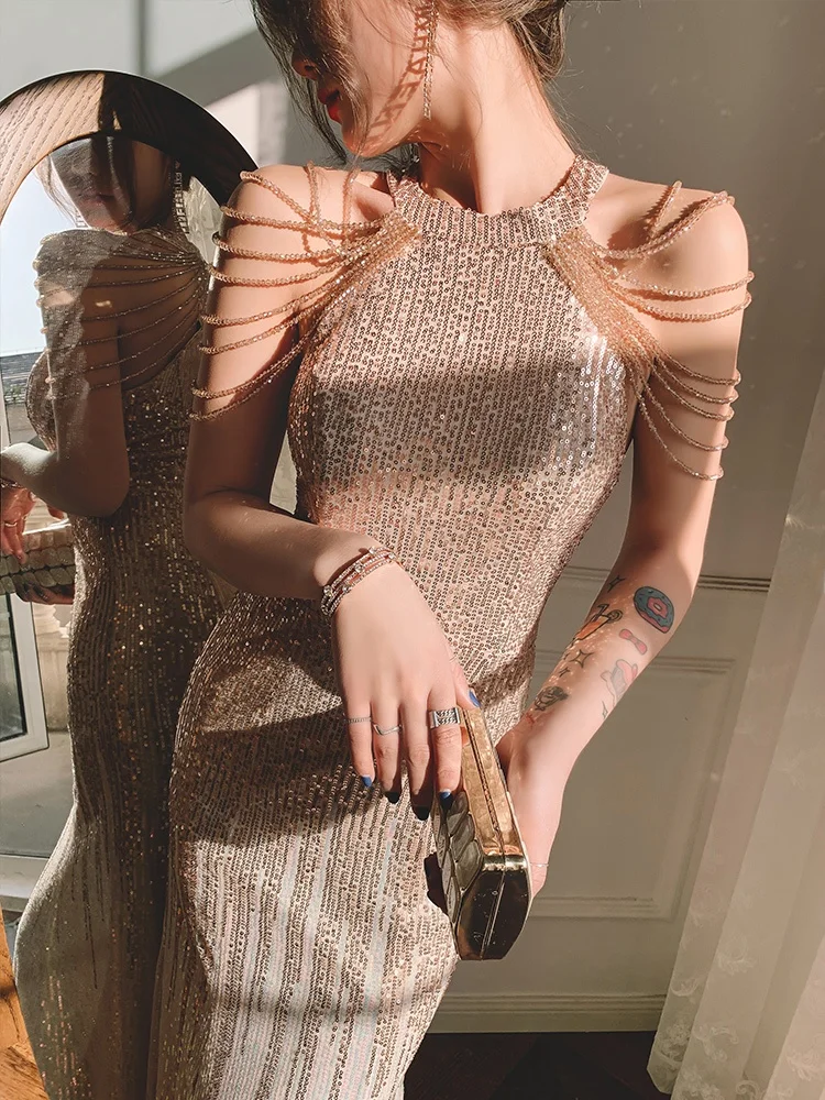 

Elegant Fish Tail Evening Dress Luxury Birthday Vocal Female Style Long Skirt Crystal Beads mid Waist Zipper Daily Date Party...