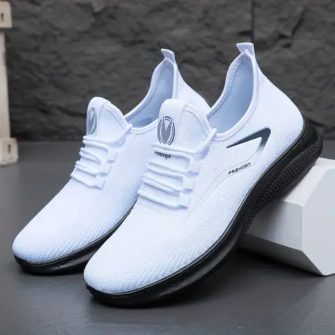 Breathable Lightweight Men's Knit Sneakers Slip Resistant Training Shoes for Running Basketball Black White Sports Shoes PU Sole