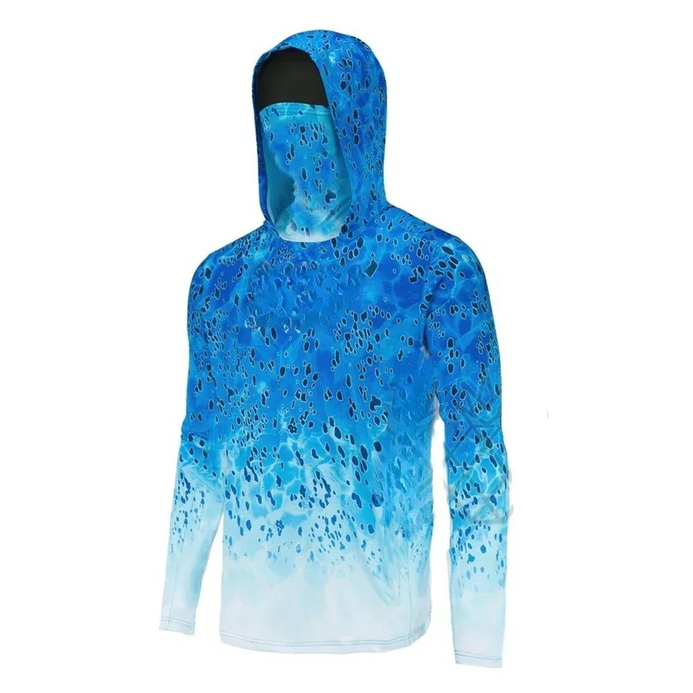 Men Bass Angler Hooded Fishing Shirt Long Sleeve Summer UPF Camo Gradient Green Blue Built in Face Mask Kayak Boat Lake Shore