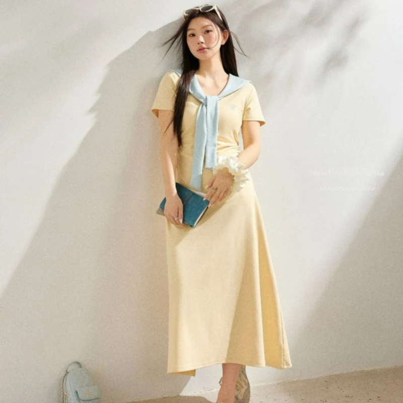 2026 Summer New Fashion Korean Version Sweet Sexy Style Niche Design Sense Blue Shawl Waist Cinched V-neck Dress for Women