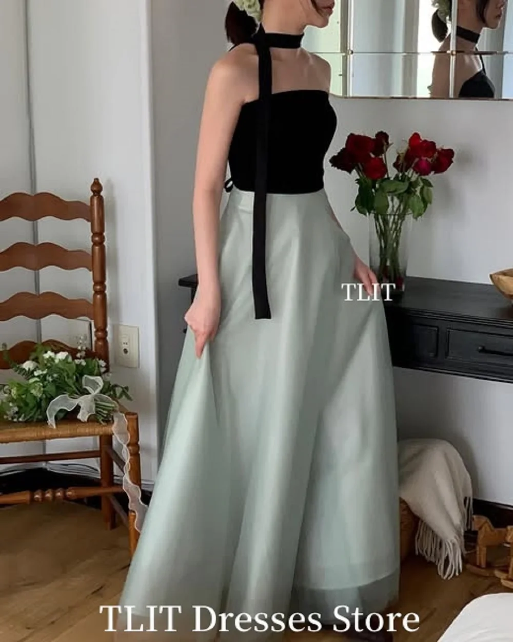 فساتين سهرة كورية بسيطة باللونين الأسود والأخضر من TLIT لحفلات الزفاف بدون حمالات بطول الأرض للحفلات الراقصة والمناسبات الرسمية حسب الطلب