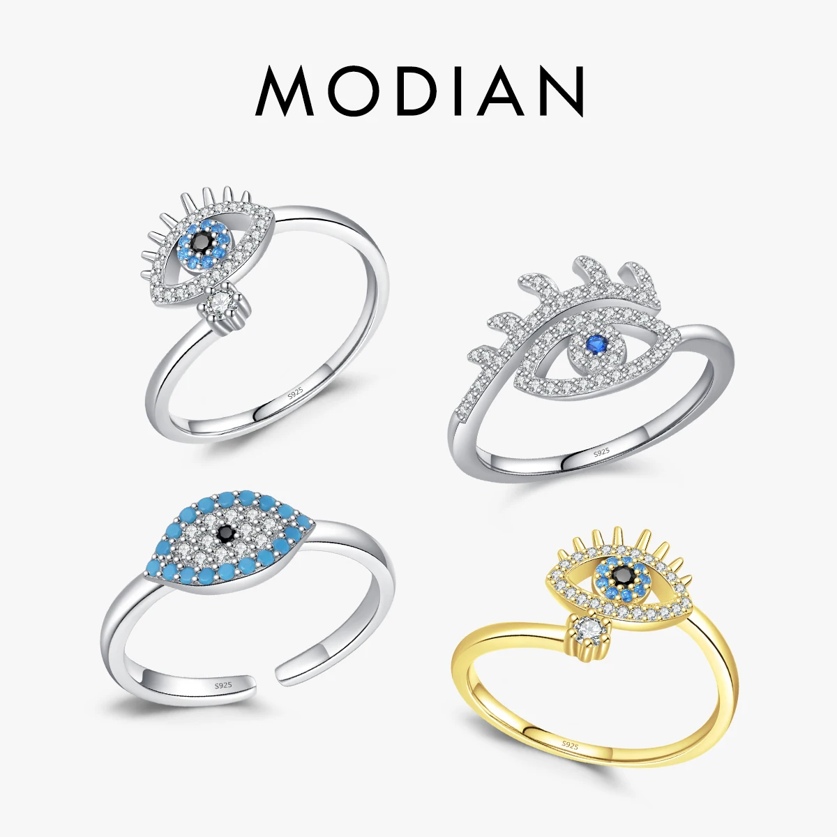 

MODIAN 925 Sterling Silver Sexy Eyelash Adjustable Ring Trendy Blue Eye Turquoise Open Ring For Women Fashion Fine Jewelry Gift