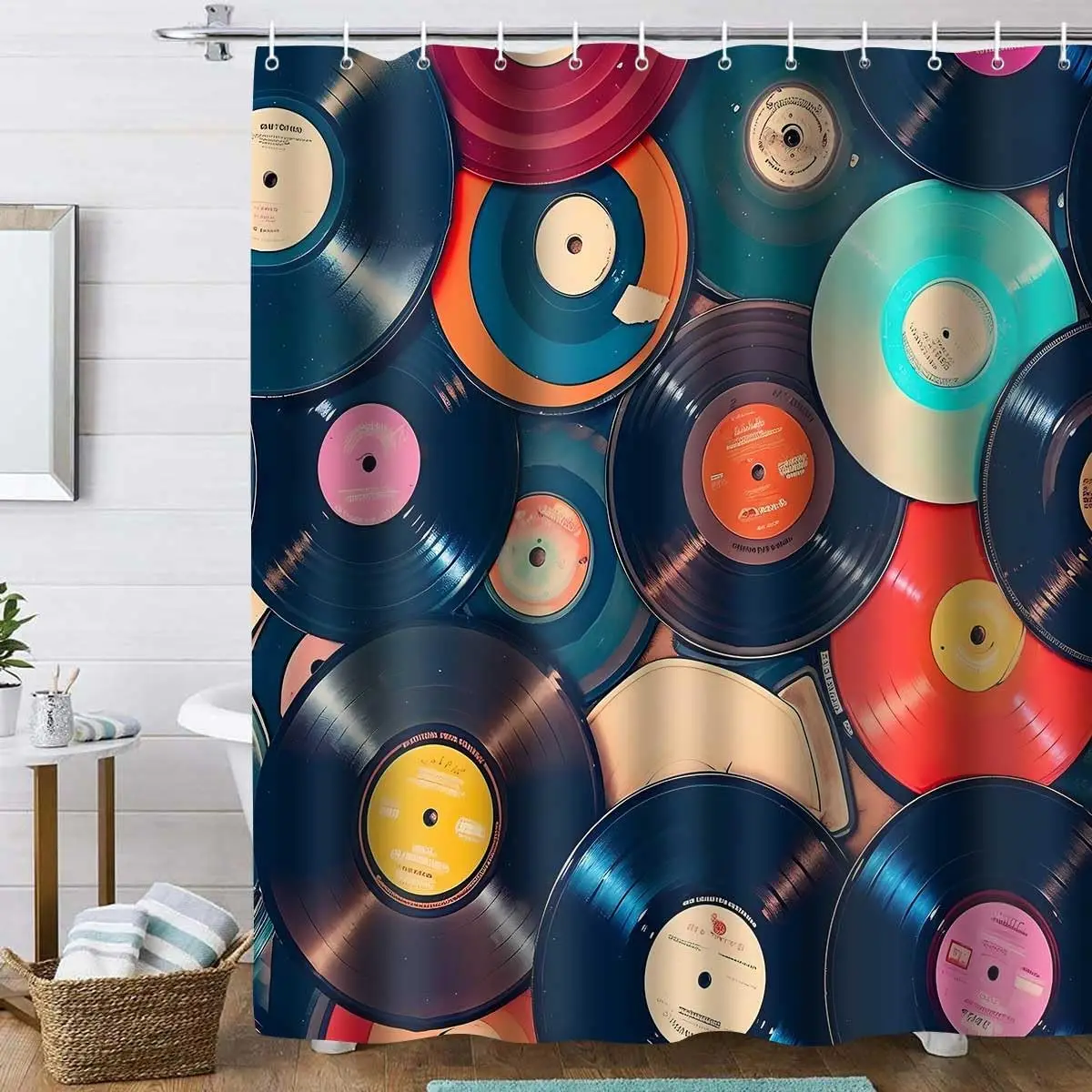 Retro music music record bathroom shower curtain, album bathroom bathtub decorative curtain with 12 hooks 180x210cm