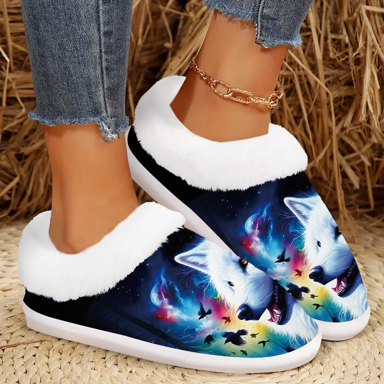 شبشب نسائي شتوي مريح بطبعة الذئب - مبطن بالصوف الدافئ، نعل مطاطي غير قابل للانزلاق، حذاء منزلي سهل الارتداء، مثالي لجميع المواسم