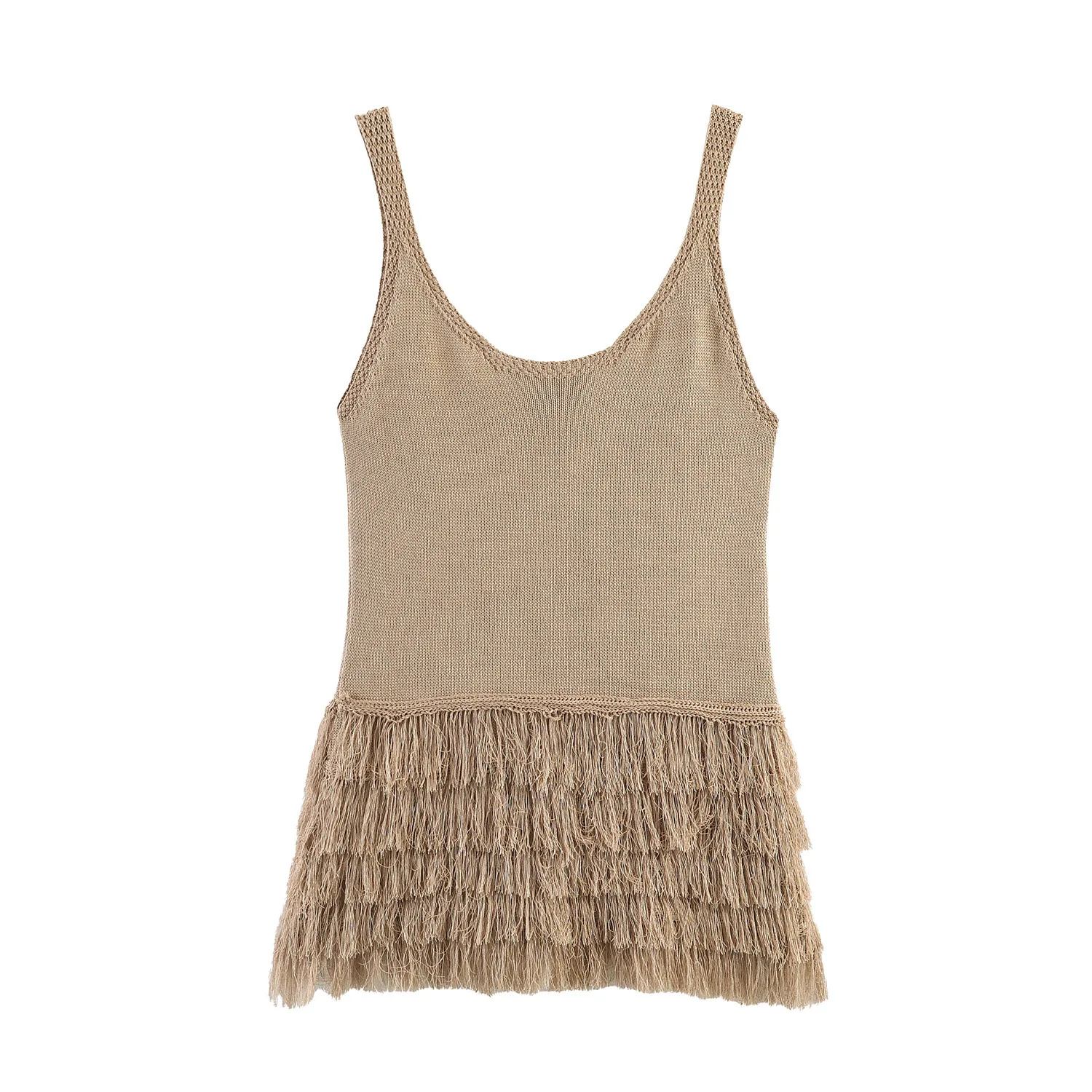 Bohemia Quasten-Strandtop für Damen – Ärmelloses Vintage-Stricktop mit O-Ausschnitt für den Sommer – Detail 3