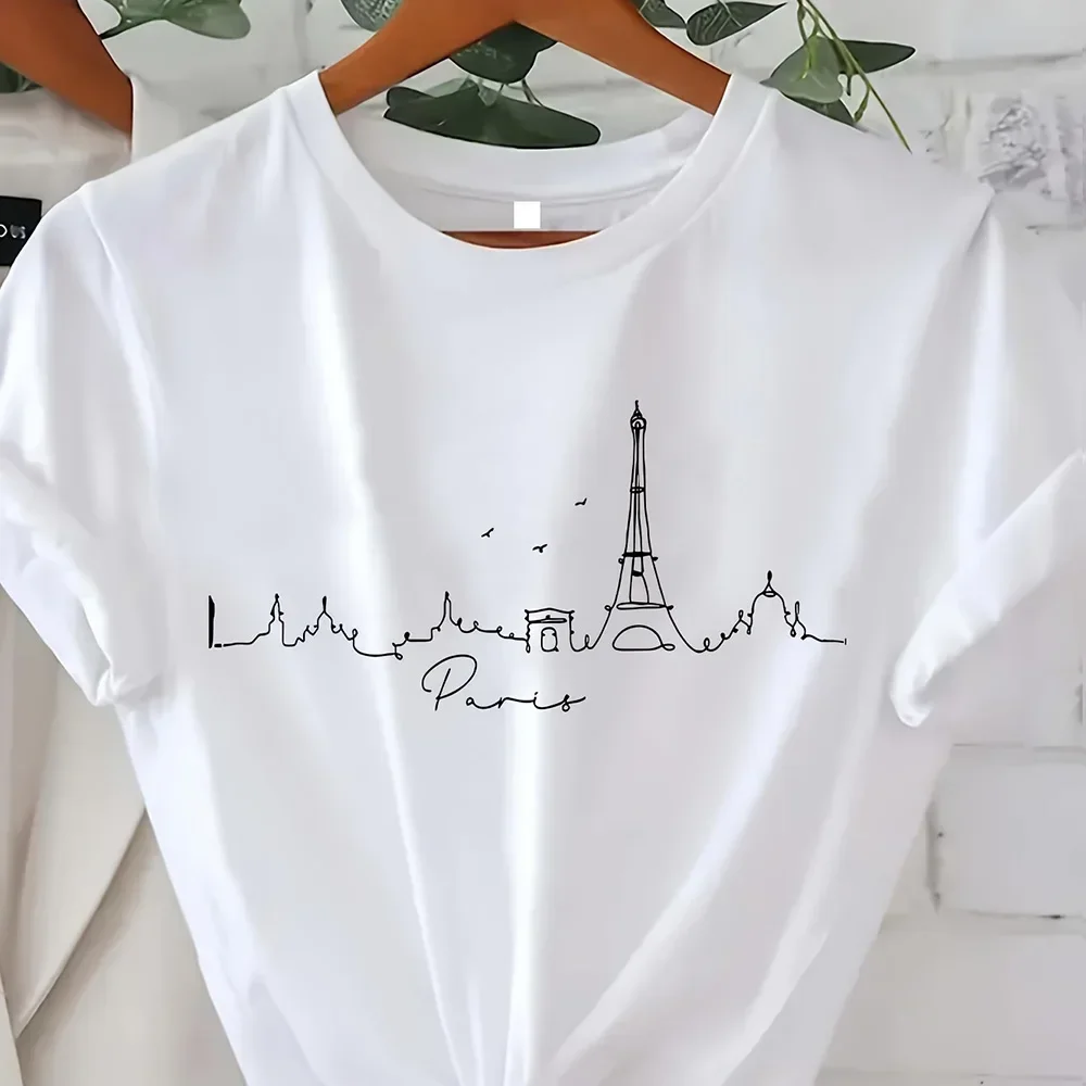 Vintage Elegant O-neck Short Sleeved T-shirt Paris Tower Printed Top High-quality Comfortable And Minimalist Women's Clothing image 3