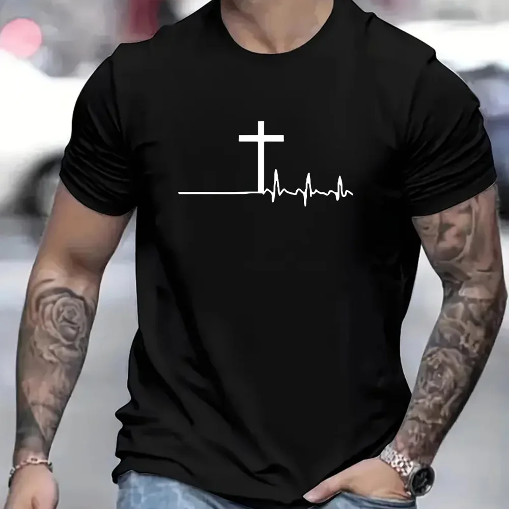 

Cross Pattern and Heartbeat Print T-Shirt-Trendy Casual Style with Comfy Short Sleeves-Perfect for Summer Outdoor Activities