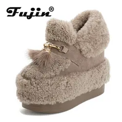 Fujin 12.5cm Synthetic Platform Wedge Fur Autumn Winter Plush Warm Ankle Boots Super High Elegant Fashion Ladies Luxury Shoes