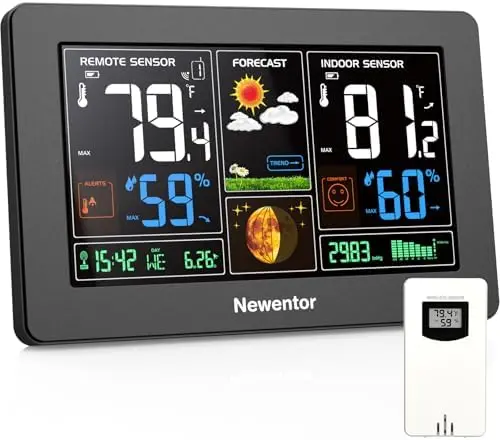 

Newentor Wireless Weather Station with Atomic Clock, Indoor/Outdoor Thermometer & Barometric Forecast – Black