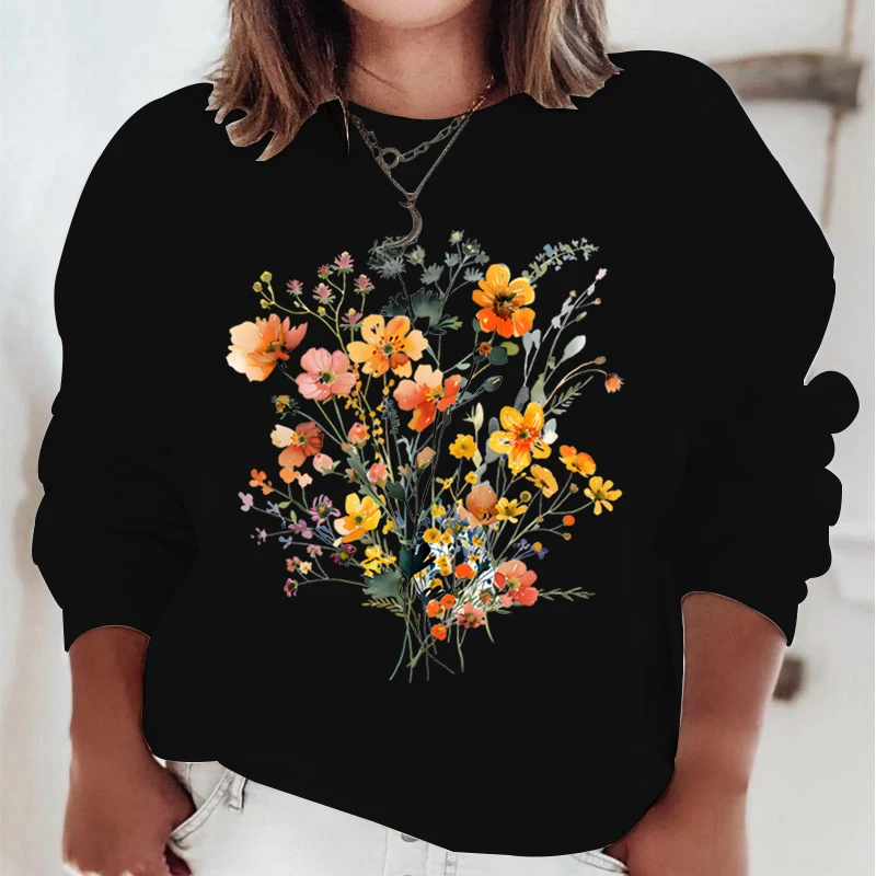 Wild Flower Oil Painting Sweatshirts Watercolor Floral Bohemia Pullover Long Sleeve O-Neck Streetwear Flower Trend Women Hoodie