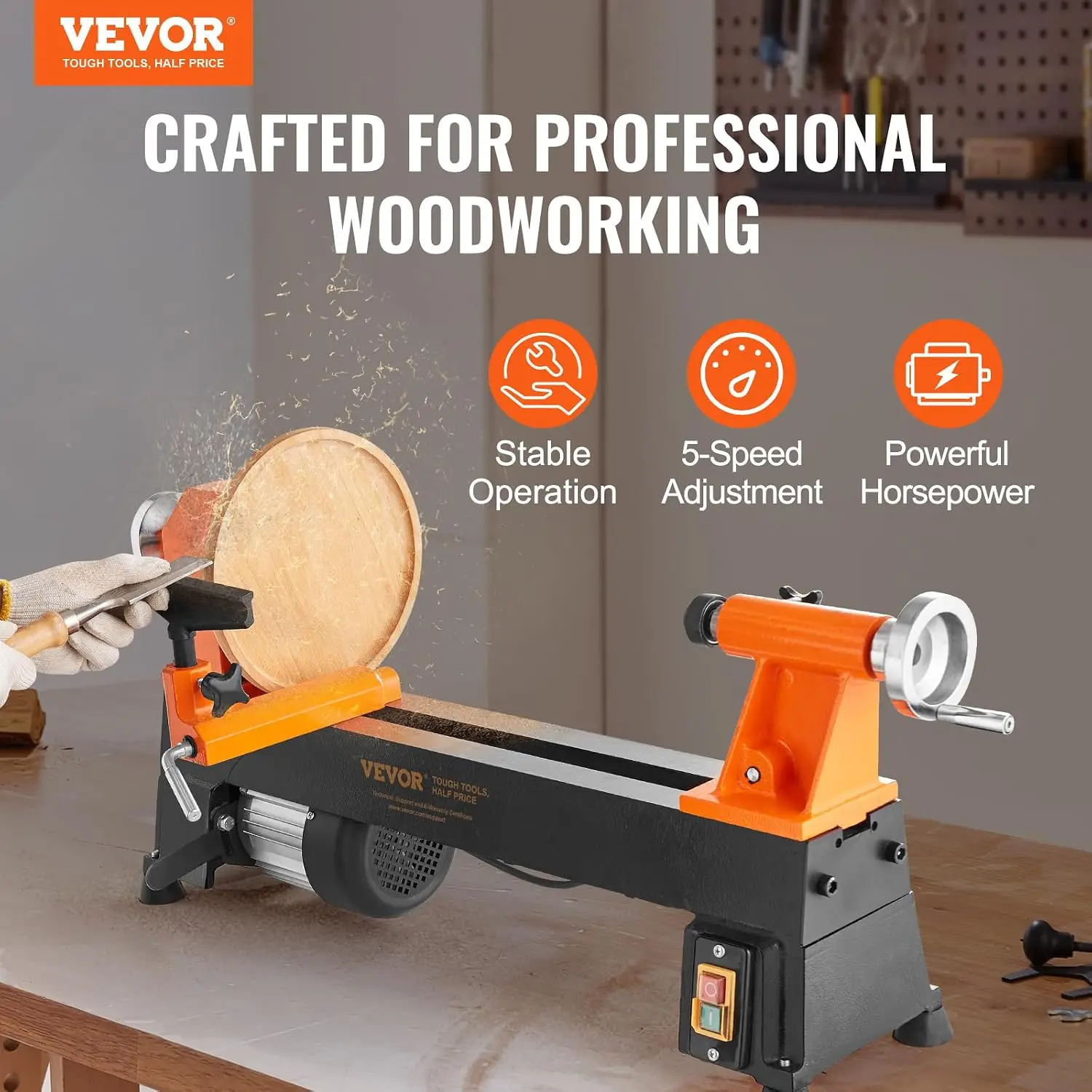 Benchtop Wood Lathe, 10 in x 18 in, 0.5 HP 370W Power Wood Turning Lathe Machine, 5 Variable Speeds 780/1320/1920/2640/3840 RPM