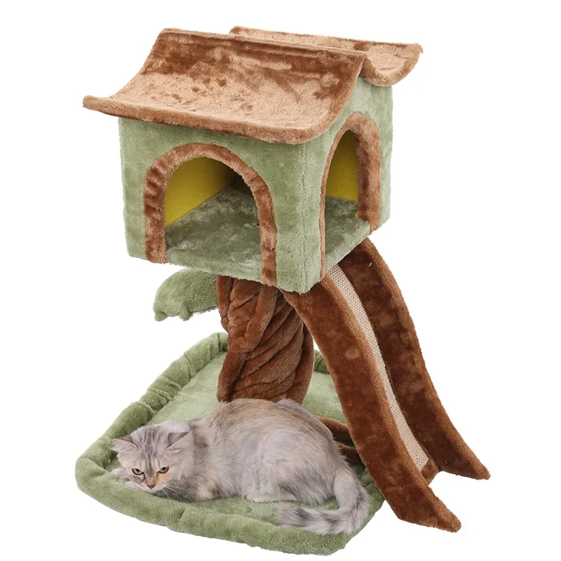 

European and American style multi-layer luxury cat climbing frame, green velvet cloth, solid wood jumping platform villa