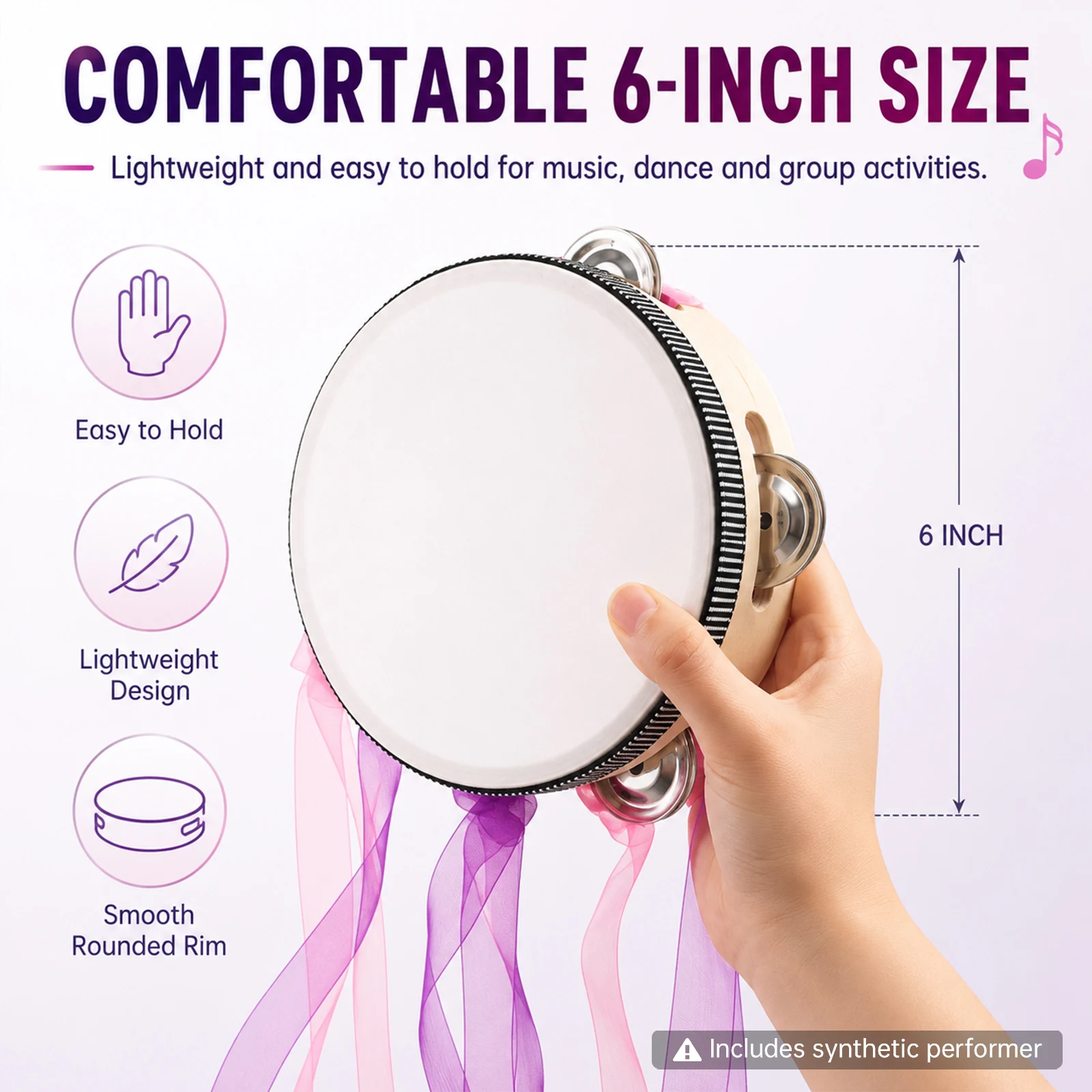 2 Pcs 6 Inch Single Row Jingles Ribbon Tambourine for Artistic Music, Dance, Stage Show, Wedding Decor