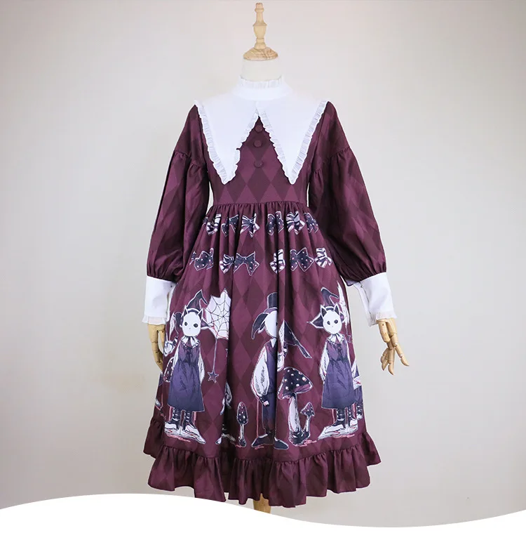 Loli Cos Gothic Lolita Op Lolita Dress Cute Printing Ruffled High Waist Bowknot Victorian Dress Simple Kawaii Girl Gothic Dress