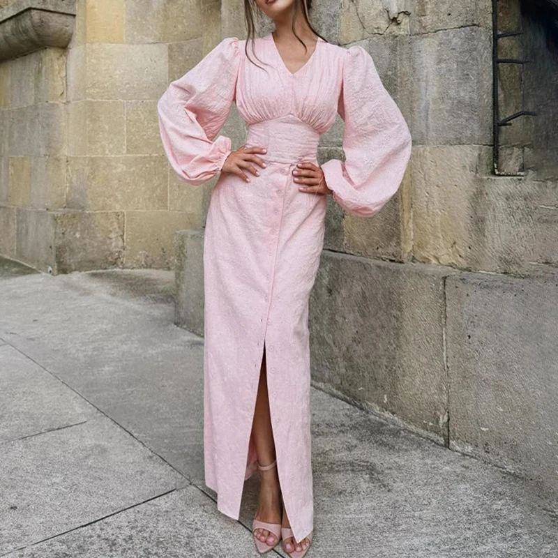 أنيقة الخامس الرقبة طويلة الأكمام الصلبة فستان طويل مثير التطريز الجوف خارج الخصر فستان الحفلات المرأة زر الموضة الدانتيل متابعة فساتين ضئيلة #4