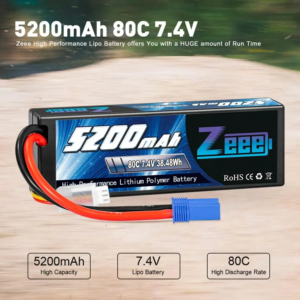 Zeee-Bateria Lipo Para Veículos Automoativos RC, Modelos de Drone Truggy Buggy, 2S, 5200mAh, 7.4V, Bateria 80C Hardcase, EC5, Plugue 3 T, 1/8, 1/10,