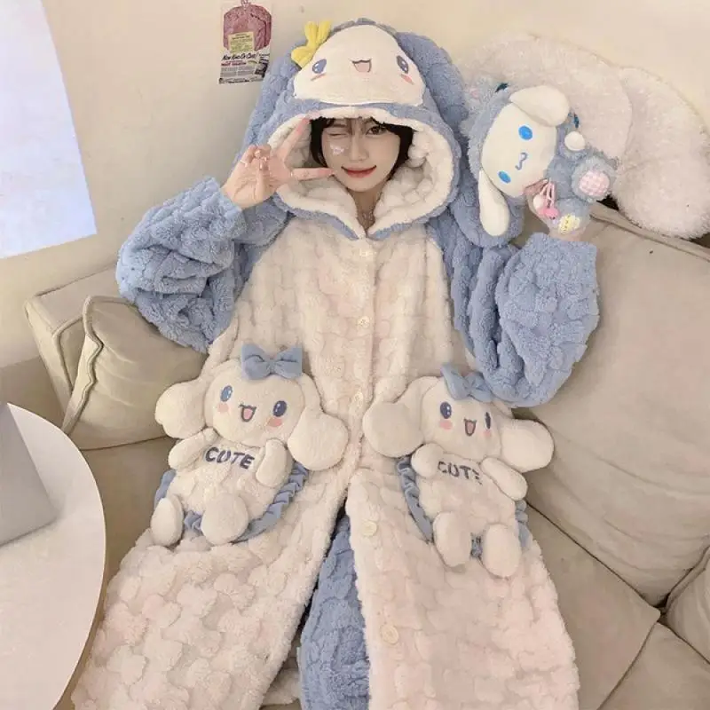 Anime Kuromi Women Nightgown Suit Sanrios Cinnamoroll Cute Thicken Warm Coral Velvet Pajamas Autumn Winter Plus Fleece Homewear