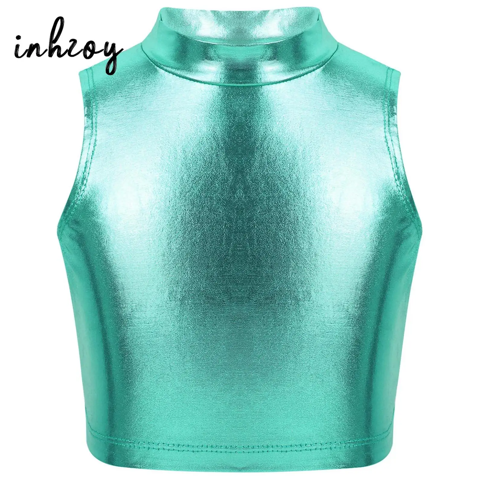 

Kids Girls Shiny Metallic High Turtleneck Crop Tank Top Jazz Hip Hop Ballet Dance wear Yoga Gym Workout Tanks Camis Tees