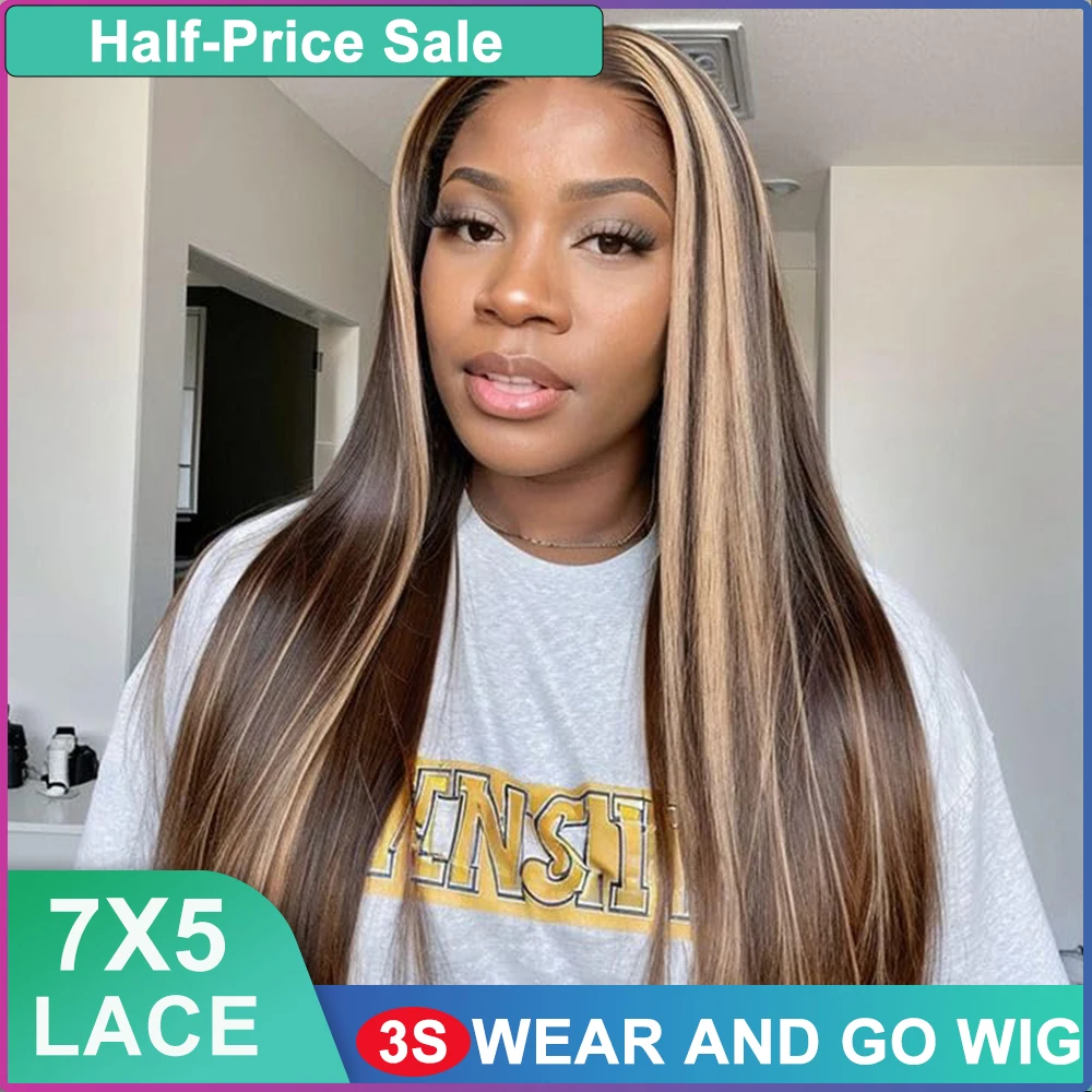 

40Inch Glueless Wigs Human Hair Ready To Wear 7x5 HD Lace Glueless Wigs with Bye Bye Knots Pre Plucked 4/27 Color Straight Wigs