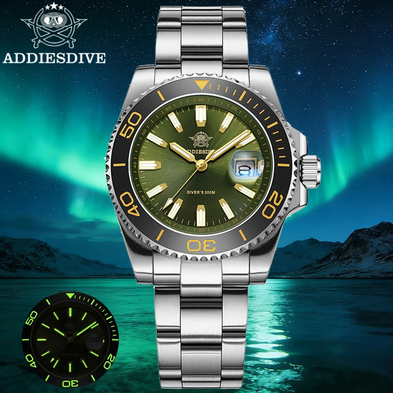 

Мужские кварцевые часы ADDIESDIVE, водонепроницаемые на 200 м, дайверские наручные часы с керамическим безелем, суперсветящийся календарь, аналоговые часы из стали 316L