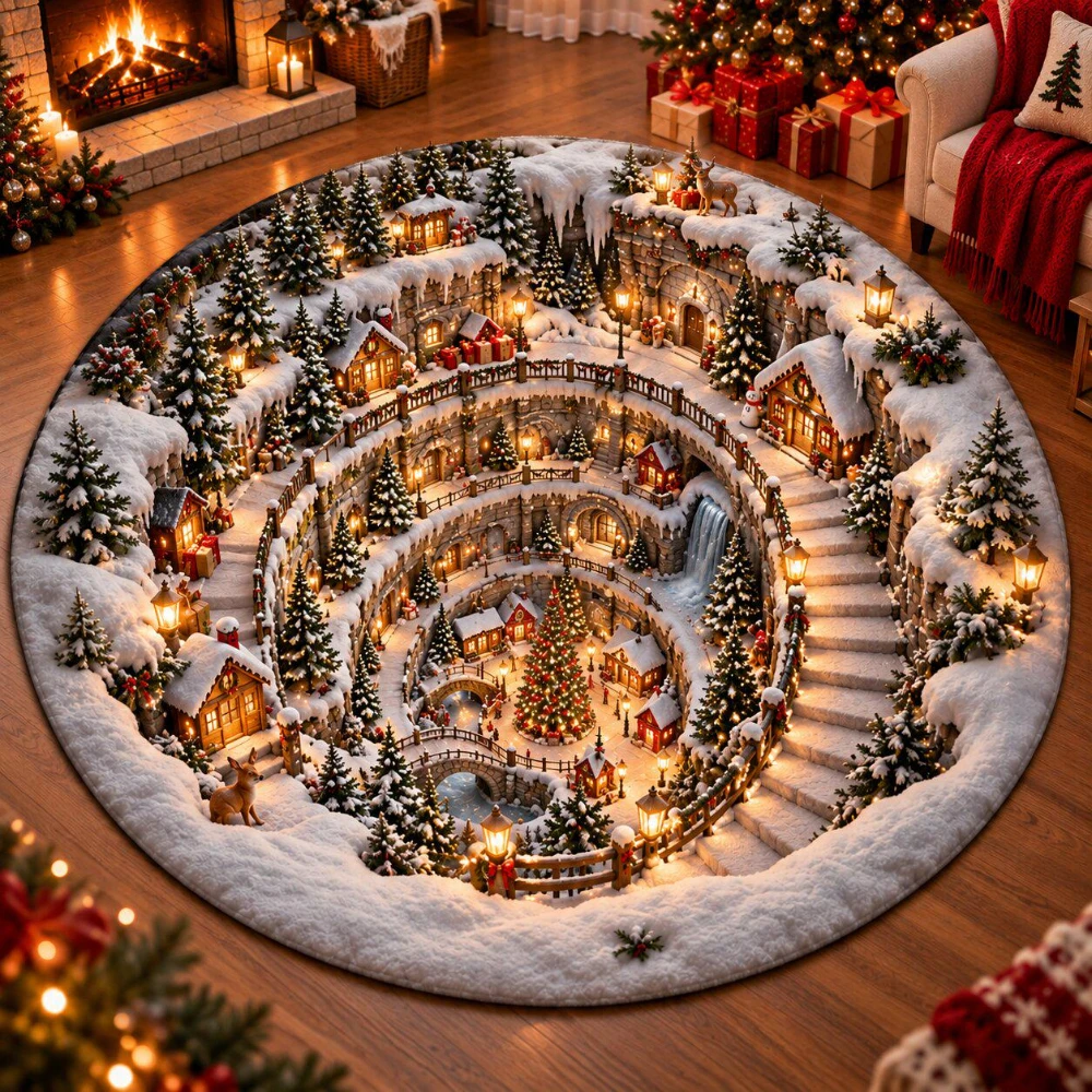 Winter Christmas Snow Village Round Rug Spiral Stairs Area Rug Gorgeous Living Room Bedroom Entryway Ground Floor Mat Present