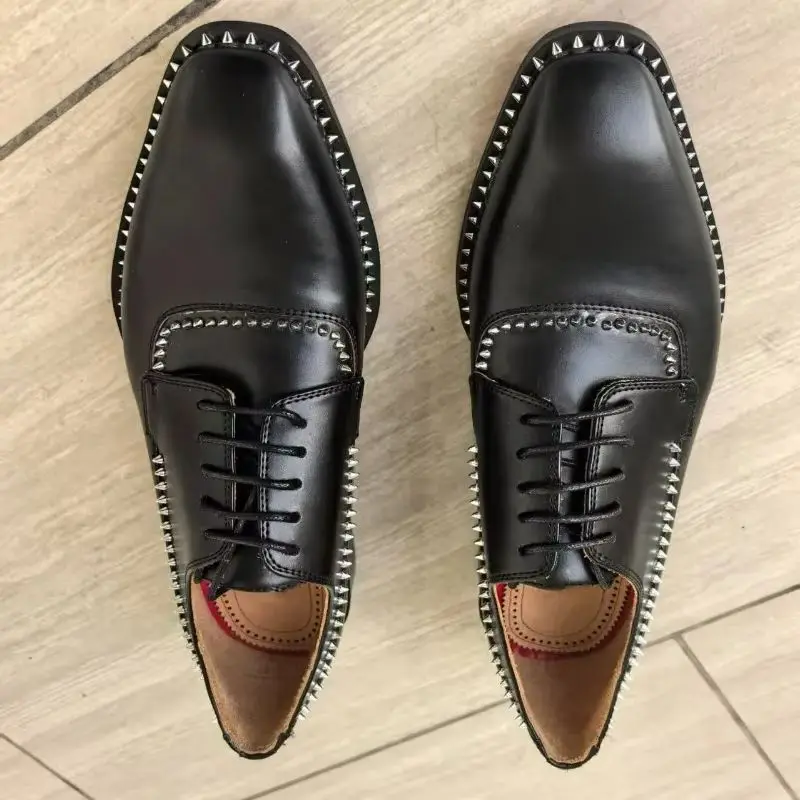 

Lace Up Office Shoes Office Male Black Leather High Quality Rivets Handmade Loafers New Business Square Toe Wedding Party Young