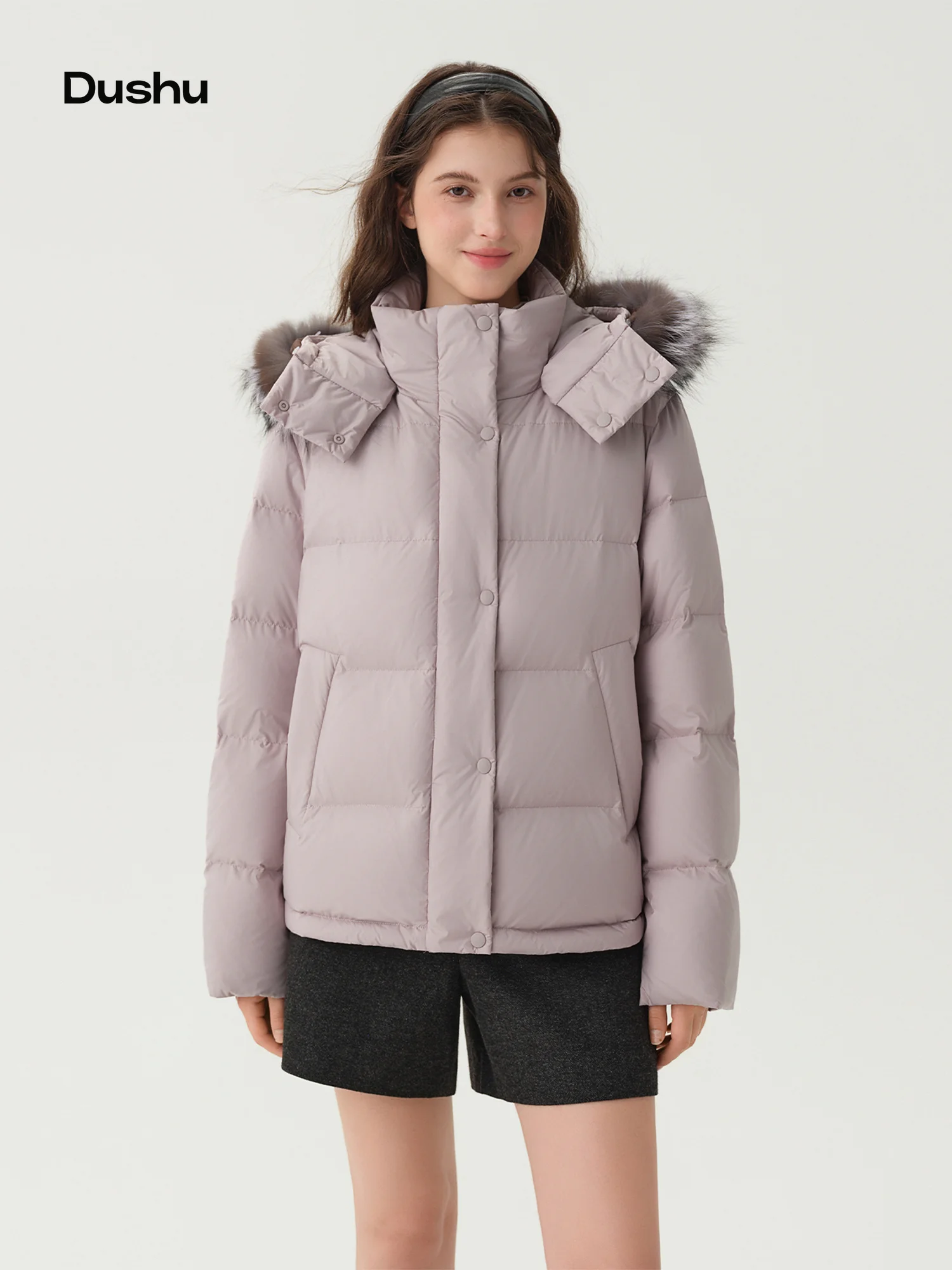 DUSHU Large Fur Collar Short Hooded White Duck Down Jacket Women New Winter 2026 Style Thick Warm Versatile Commuting