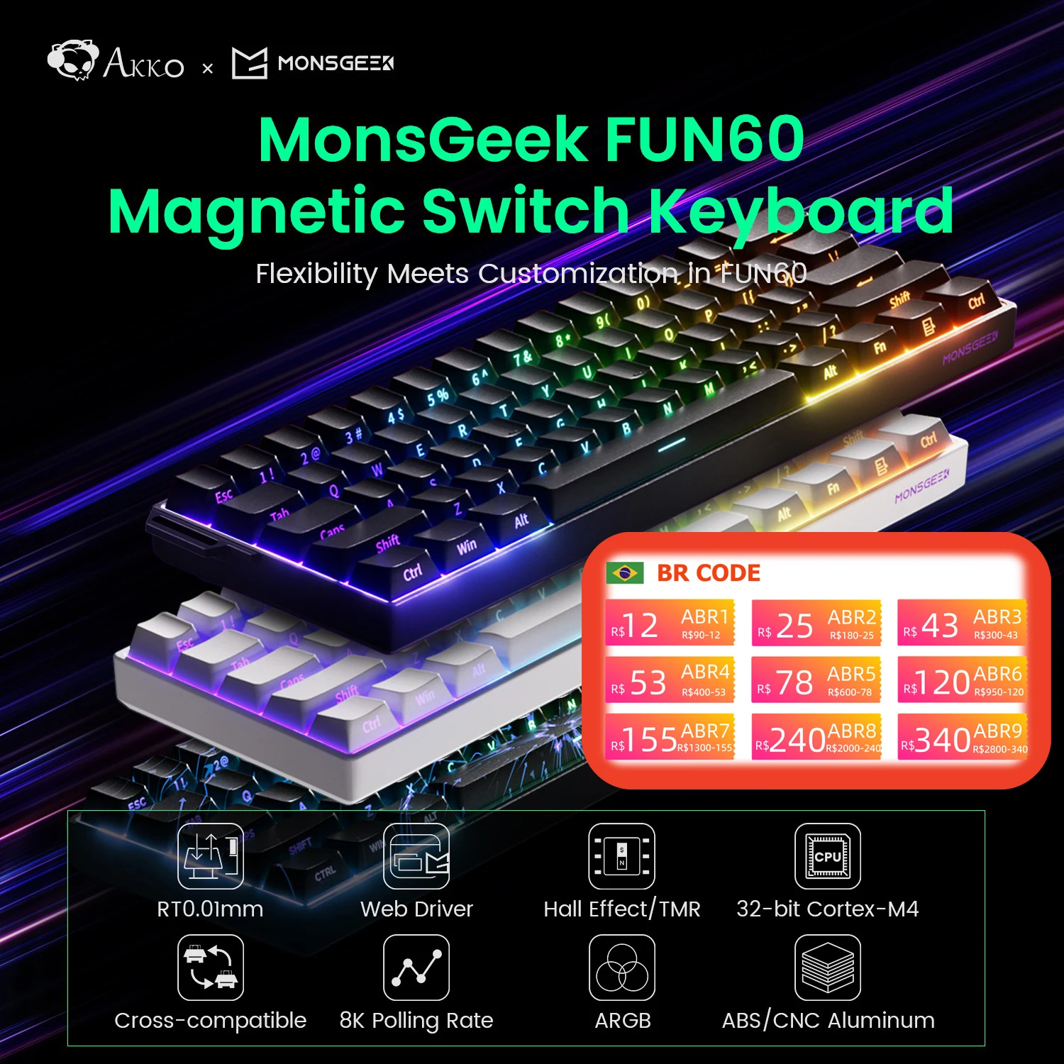 Akko MonsGeek FUN60 Teclado mecánico interruptor magnético 60% teclados para juegos disparador rápido 0,01mm 8K ARGB HE/TMR teclado personalizado