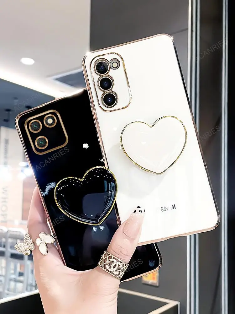 A03core Luxury Love Heart Fold Holder Case For Samsung Galaxy A03s A 03 Core A03 Women Plating Stand Silicone Back Cover Funda