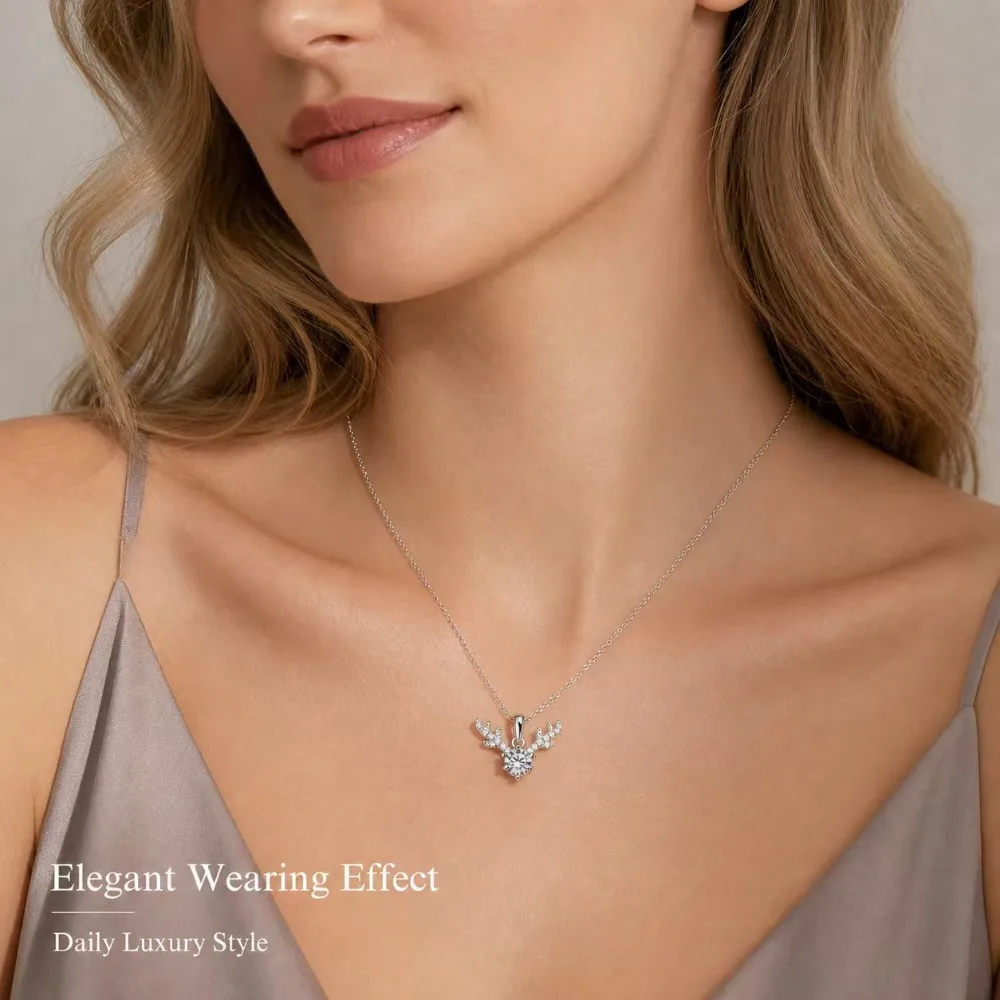 S925 Silver Moissanite Pendant Necklace 1CT Round Cut Deer Antler Pave Design for Women Holiday Birthday Jewelry Gift