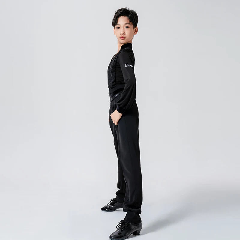 Costume de danse latine pour garçon, haut en maille noire à col en v, ensemble de pratique Rumba Samba, salle de bal pour enfants, vêtements de compétition Cha XH1763