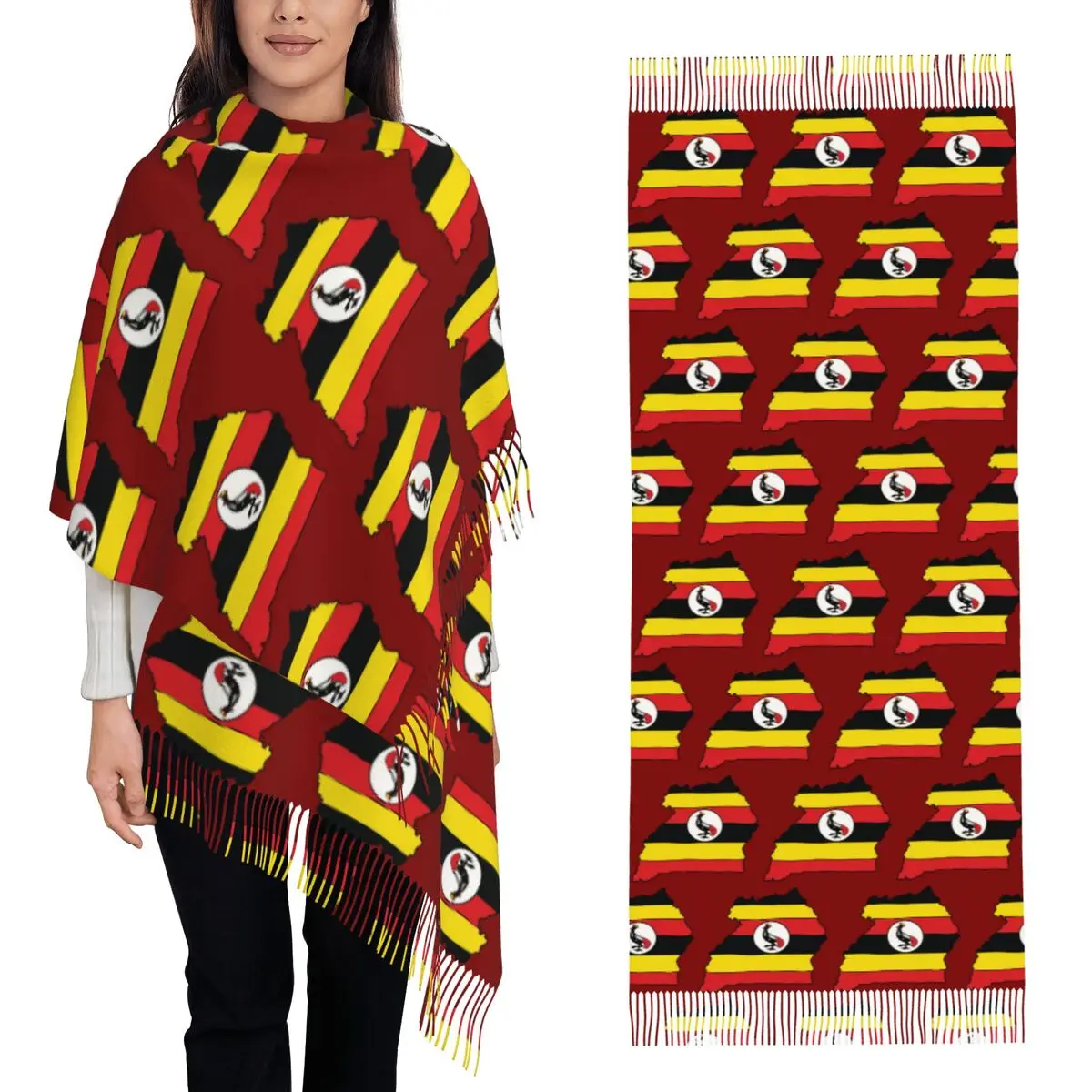 أوغندا البلد شكل العلم وشاح شرابة الأوشحة النساء لينة الدافئة شالات ويلتف طويل الخريف الشتاء شال التفاف
