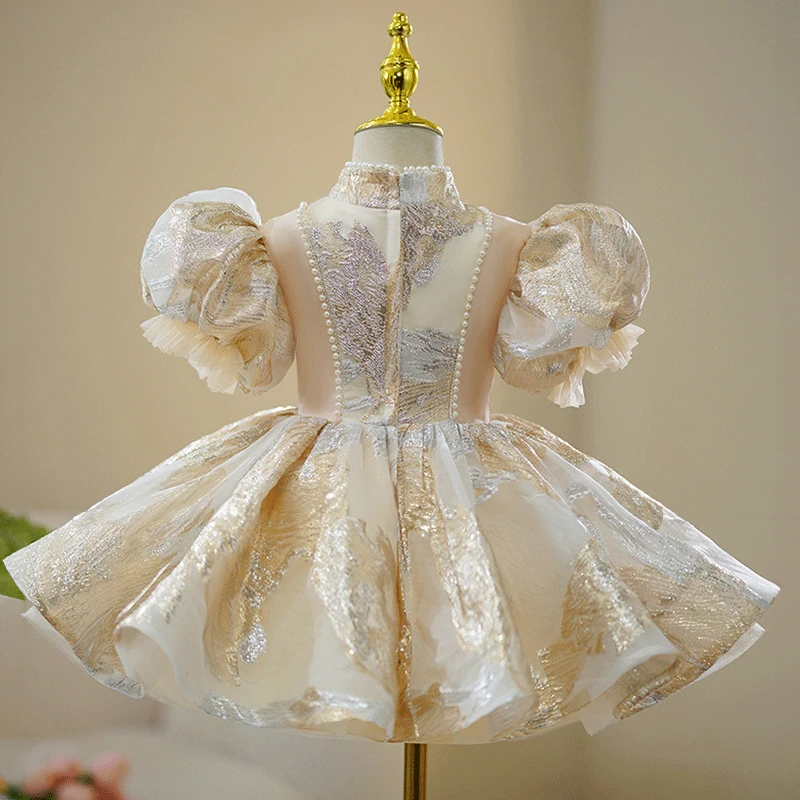 Kids Pageant Dresses for Toddler Girl Princess Wedding Birthday Party Luxury Short Evening Gown Child Embroidery Champagne Dress