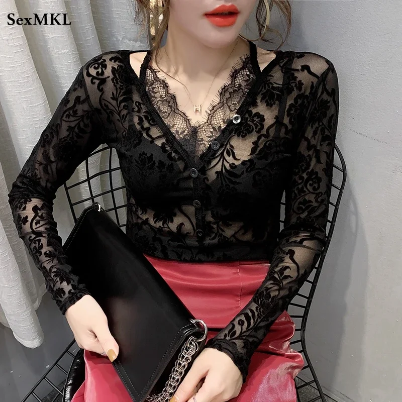 Oversized Hollow Out Lace Blouses Women 2024 Fashion Long Sleeve Sexy Ladies Tops Transparent Casual Black V Neck Blusas Mujer