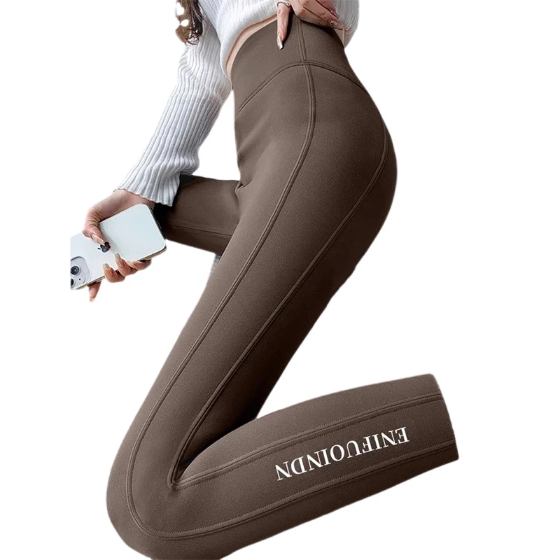 Pantaloni da yoga dimagranti foderati in Fce a vita alta marrone Ce Pantaloni da sollevamento del sedere con controllo della pancia autunno inverno da donna