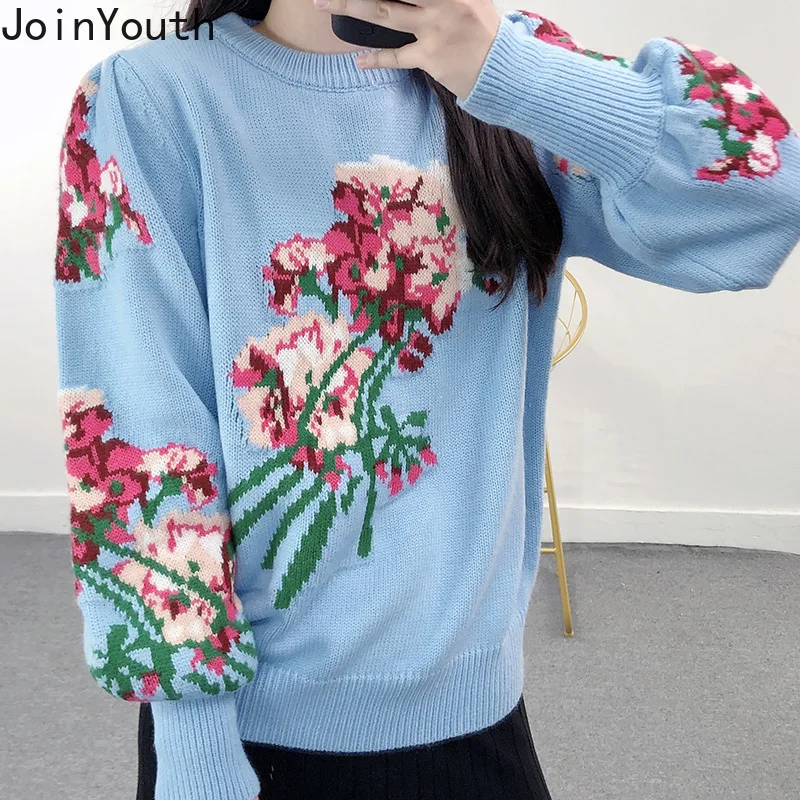 2023 Sueter Mujer Knitwear Pullovers Women Clothing O-neck Puff Sleeve Floral Jumper Vintage Knitted Sweater Tops Pull Femme