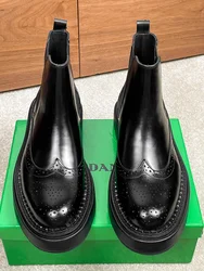 Spring and Autumn New Men's Formal Leather Shoes Round Head Thick Sole Brock Carved Flower Chelsea Boots