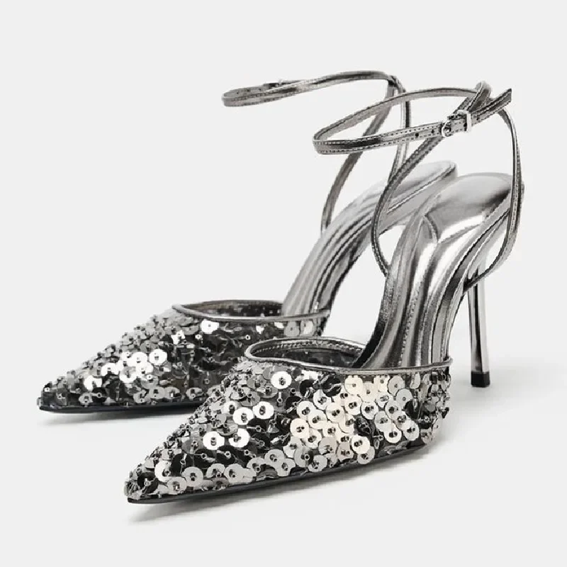 

Luxury Designer High Heels for Women Sexy Pointed Toe Sequins String Beads Design Backless Sandals Elegant Banquet Party Shoes