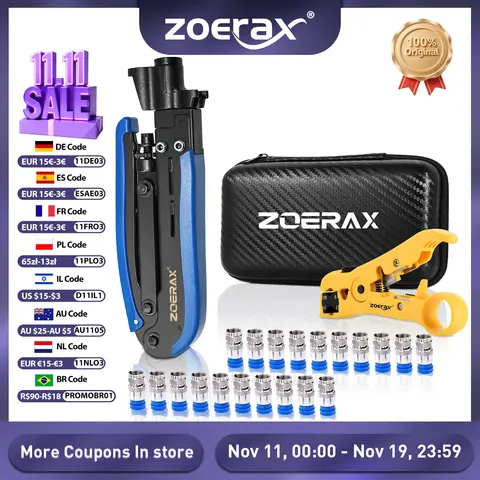 ZoeRax 동축 케이블 크림퍼 도구 키트(와이어 스트리퍼 포함), 20PCS F 커넥터 – RG6, RG59, RG11 동축 케이블용 동축 압축 도구