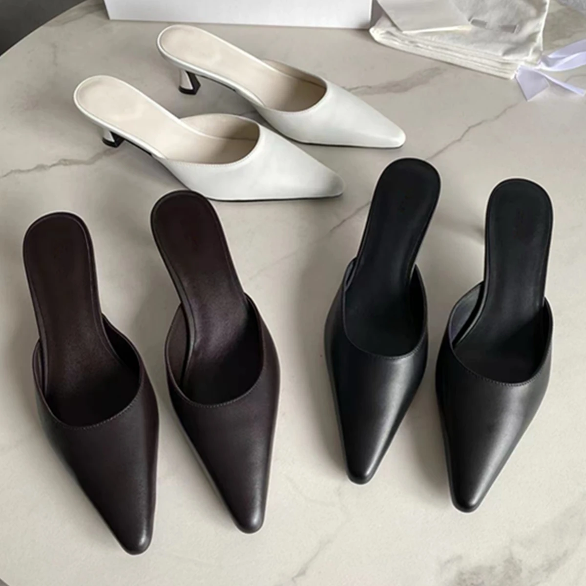 

Withered Minimalism Summer Slippers Sandals Shoes Women French Muller Shoes Italian Cowhide Retro Pointed 5.5cm High Heels