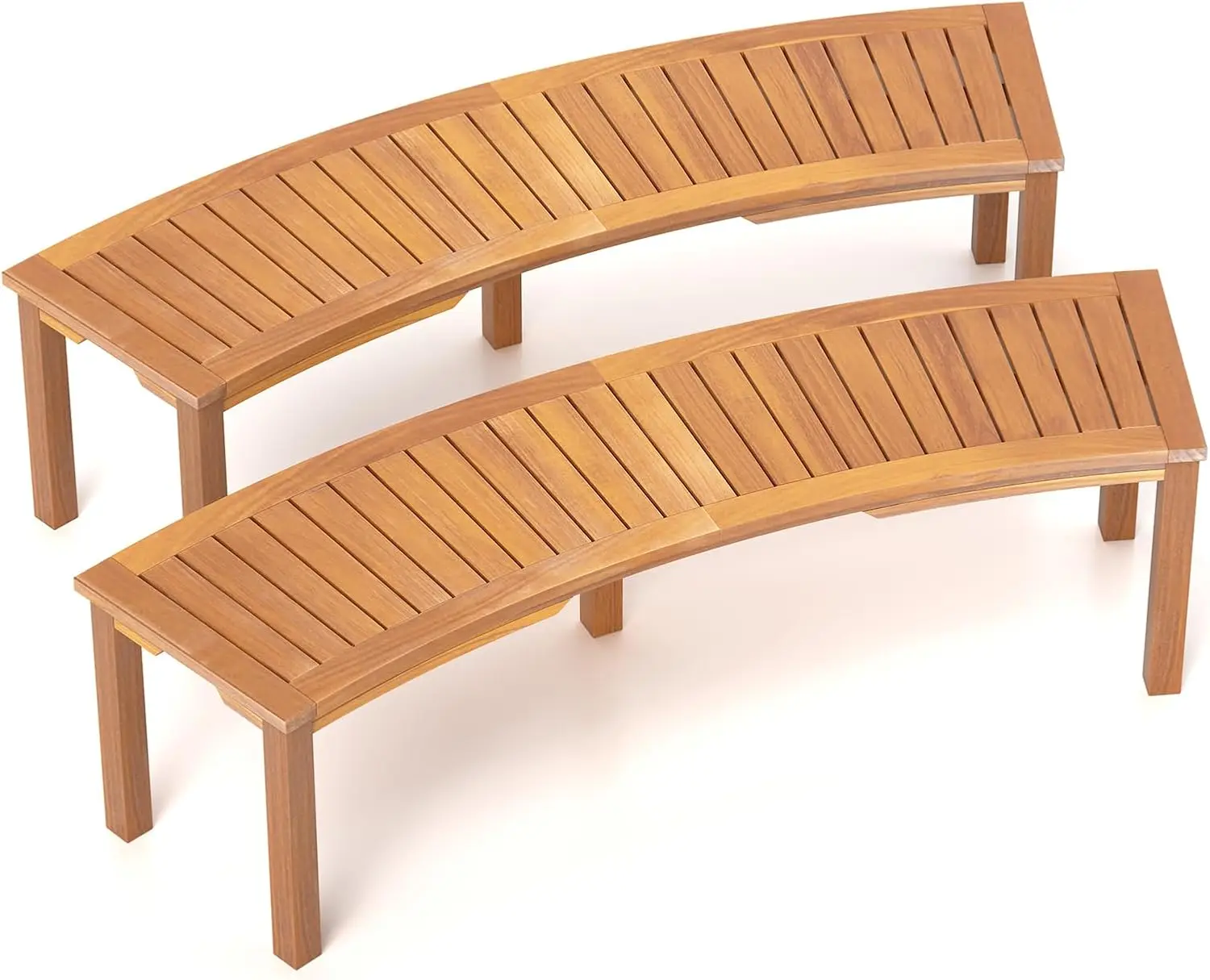 

Wooden Outdoor Curved Be h - Acacia Wood Garden Be h w/Slatted Seat, 2-Person Outside Backless Seating for Porch Backy