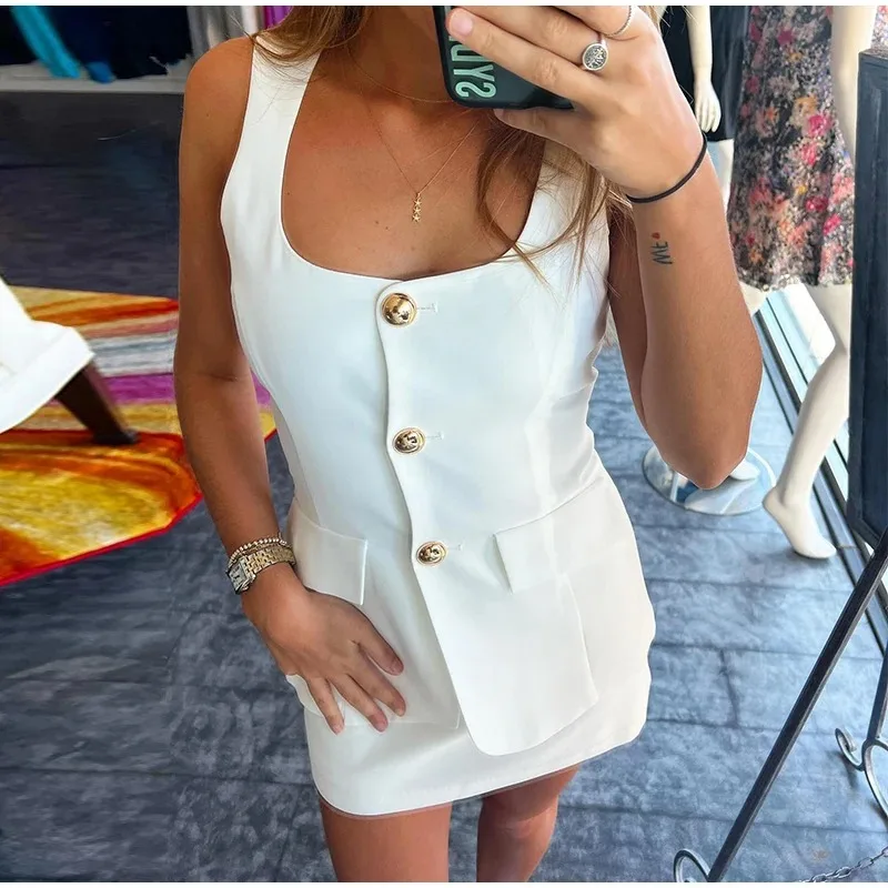 Elegant Single-breasted Vest Skirt Suit Women Square Collar Sleeveless Pockets Female 2 Piece Set New Office Lady Outfit Set2024