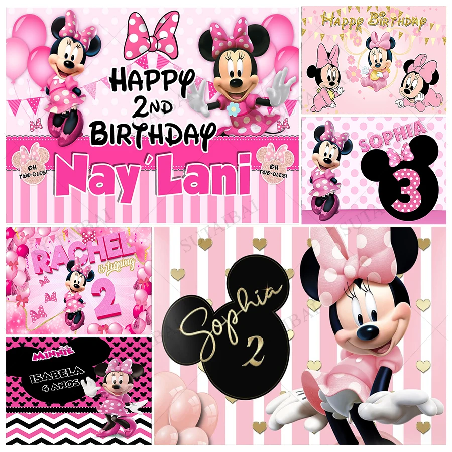 

Custome Minnie Mouse Backdrops Birthday Party for Baby Girl Kids Princess Pink Photography Photo Background Banner Props Decors