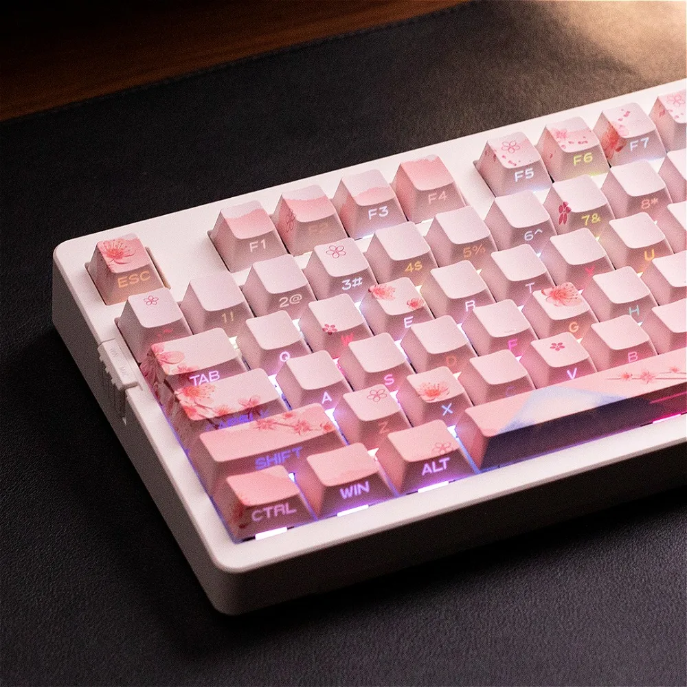 127 keys, cherry, cherry blossom powder PBT keycaps, suitable for gaming mechanical keyboard MX switch, hot sublimation